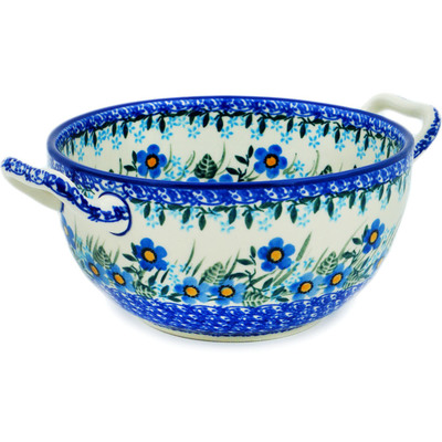 Polish Pottery Bowl with Handles 8&quot; Blue Joy