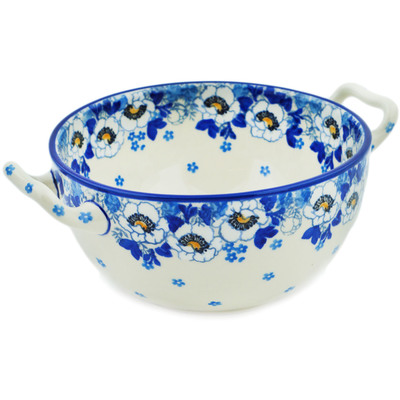 Polish Pottery Bowl with Handles 8&quot; Blue Spring