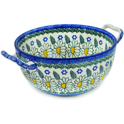 Polish Pottery Bowl with Handles 8&quot; Crazy Daisy