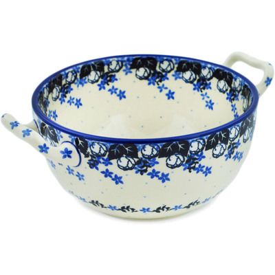 Polish Pottery Bowl with Handles 8&quot; Flowers At Dusk