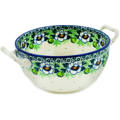 Polish Pottery Bowl with Handles 8&quot; Green Flora