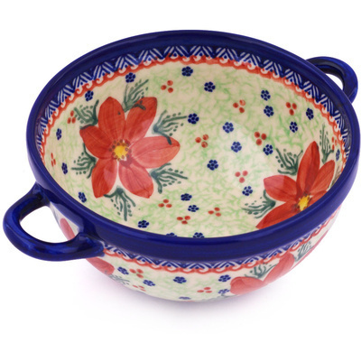 Polish Pottery Bowl with Handles 8&quot; Poinsettia UNIKAT
