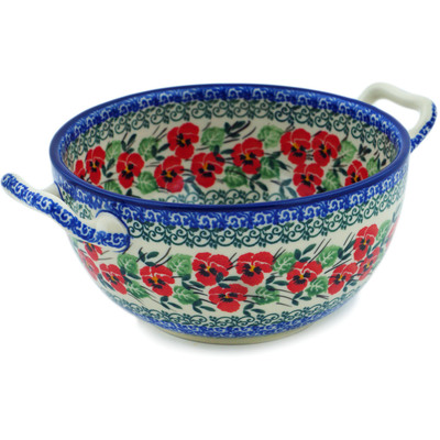 Polish Pottery Bowl with Handles 8&quot; Red Pansy