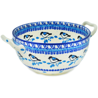 Polish Pottery Bowl with Handles 8&quot; Winter Sparrow