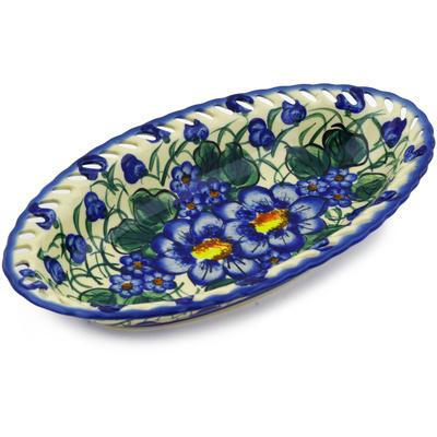 Polish Pottery Bowl with Holes 10&quot; Blue Daisies UNIKAT