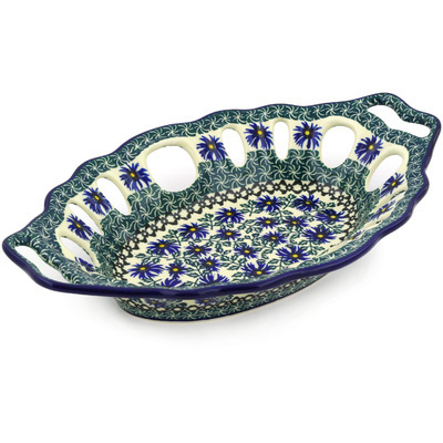 Polish Pottery Bowl with Holes 13&quot; Blue Chicory