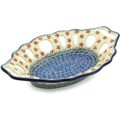 Polish Pottery Bowl with Holes 13&quot; Floral Lattice