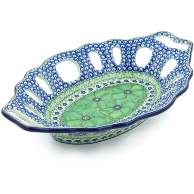 Polish Pottery Bowl with Holes 13&quot; Green Pansies UNIKAT
