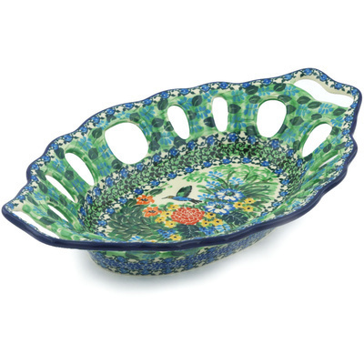 Polish Pottery Bowl with Holes 13&quot; Hummingbird Meadow UNIKAT