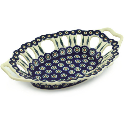 Polish Pottery Bowl with Holes 13&quot; Peacock Leaves