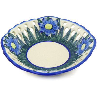Polish Pottery Bowl with Holes 9&quot; Blue Coneflower UNIKAT