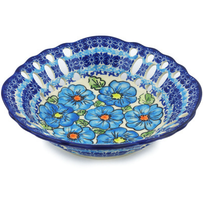 Polish Pottery Bowl with Holes 9&quot; Bold Blue Poppies UNIKAT