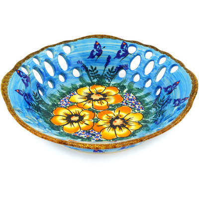 Polish Pottery Bowl with Holes 9&quot; Floral Serenade UNIKAT