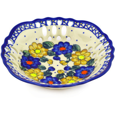 Polish Pottery Bowl with Holes 9&quot; Pansy Circle UNIKAT