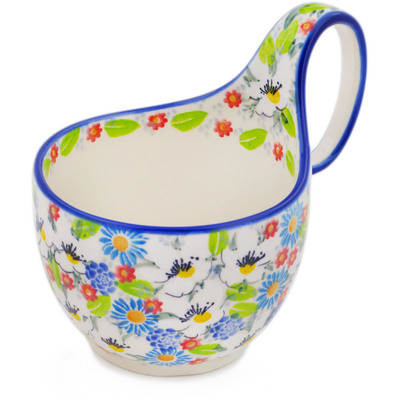 Polish Pottery Bowl with Loop-Handle 16 oz Anemone Flower Garden UNIKAT