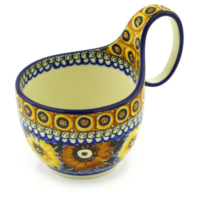 Polish Pottery Bowl with Loop-Handle 16 oz Autumn Chrysanthemums UNIKAT