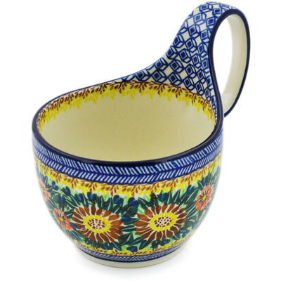 Polish Pottery Bowl with Loop Handle 16 oz Autumn Sunflower UNIKAT