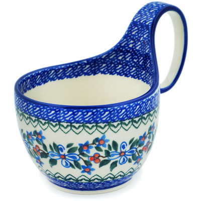 Polish Pottery Bowl with Loop Handle 16 oz Azure Blooms