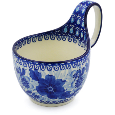 Polish Pottery Bowl with Loop Handle 16 oz Bleu Boquet UNIKAT