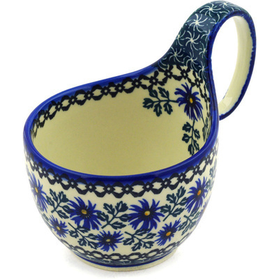 Polish Pottery Bowl with Loop-Handle 16 oz Blue Chicory