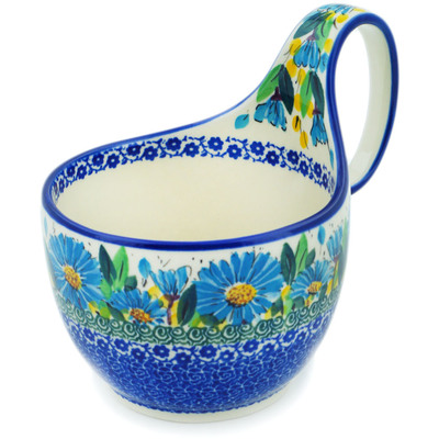 Polish Pottery Bowl with Loop Handle 16 oz Blue Daisy UNIKAT