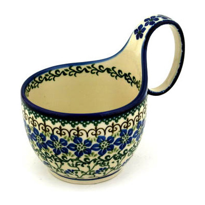 Polish Pottery Bowl with Loop-Handle 16 oz Blue Dogwood