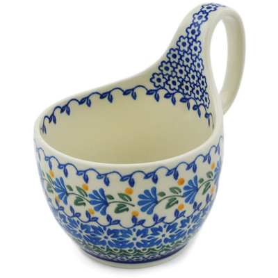 Polish Pottery Bowl with Loop Handle 16 oz Blue Fan Flowers