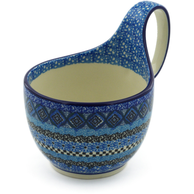 Polish Pottery Bowl with Loop Handle 16 oz Blue Kaleidoscope UNIKAT