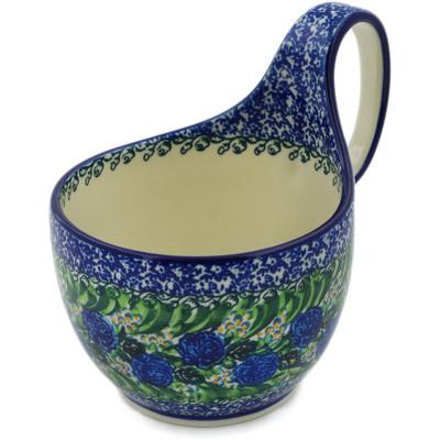 Polish Pottery Bowl with Loop Handle 16 oz Blue Roses UNIKAT