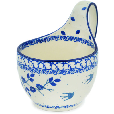 Polish Pottery Bowl with Loop Handle 16 oz Blue Spring Swallow