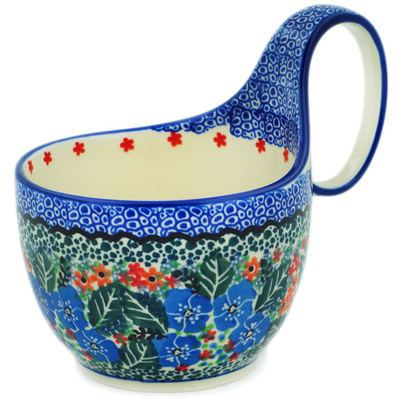 Polish Pottery Bowl with Loop-Handle 16 oz Blue Star Flowers UNIKAT