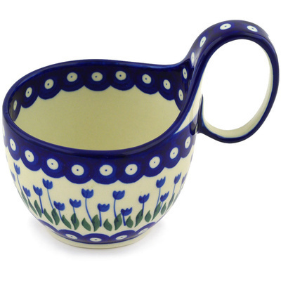 Polish Pottery Bowl with Loop Handle 16 oz Blue Tulip Peacock