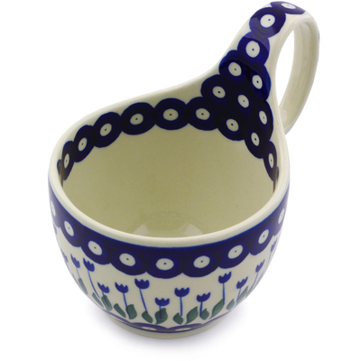 Polish Pottery Bowl with Loop Handle 16 oz Blue Tulip Peacock