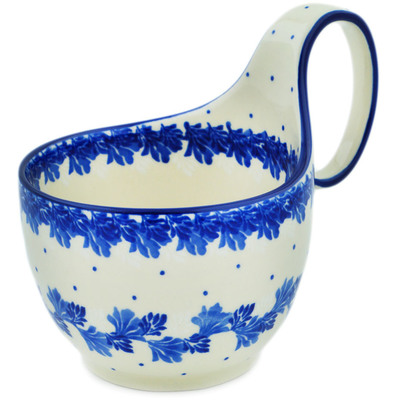 Polish Pottery Bowl with Loop Handle 16 oz Blue Wreath Of Leaves