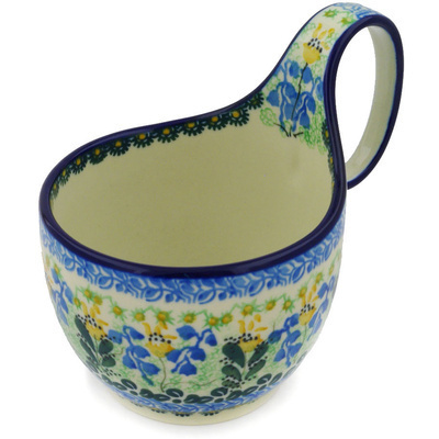 Polish Pottery Bowl with Loop Handle 16 oz Bluebells And Irises UNIKAT