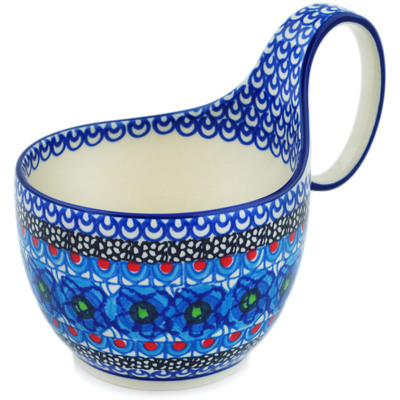 Polish Pottery Bowl with Loop Handle 16 oz Blueberry Flowers UNIKAT