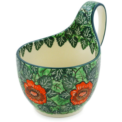 Polish Pottery Bowl with Loop-Handle 16 oz Bold Red Sunflower UNIKAT