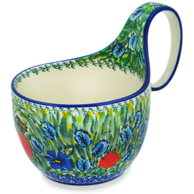 Polish Pottery Bowl with Loop-Handle 16 oz Bumble Bee Meadow UNIKAT