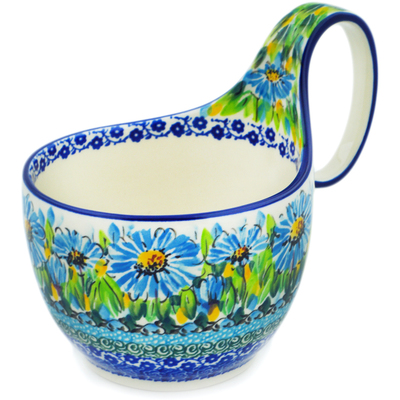Polish Pottery Bowl with Loop Handle 16 oz Buquet Azul UNIKAT