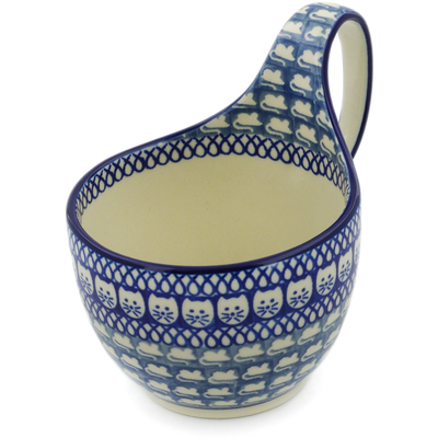 Polish Pottery Bowl with Loop-Handle 16 oz Cat And Mouse Brigade UNIKAT