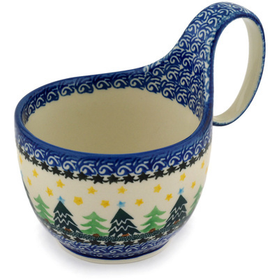 Polish Pottery Bowl with Loop Handle 16 oz Christmas Evergreen