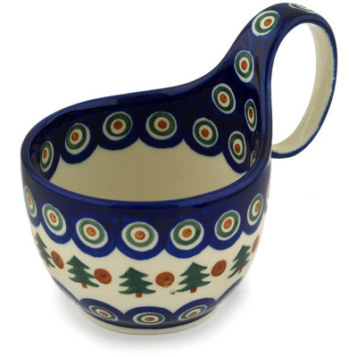 Polish Pottery Bowl with Loop Handle 16 oz Cranberries And Evergree