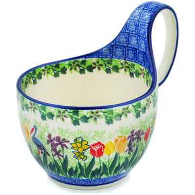 Polish Pottery Bowl with Loop-Handle 16 oz Crane In Tulip Splendor UNIKAT