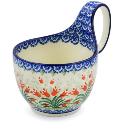 Polish Pottery Bowl with Loop-Handle 16 oz Crimson Bells