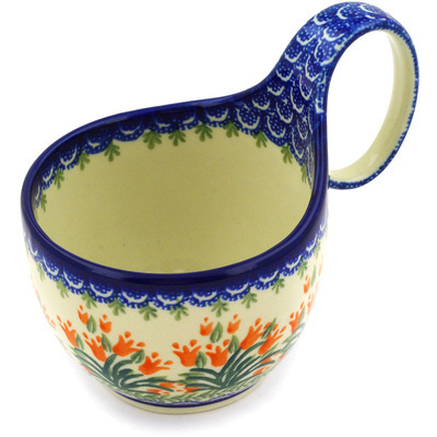 Polish Pottery Bowl with Loop Handle 16 oz Crimson Bells