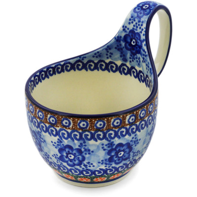 Polish Pottery Bowl with Loop Handle 16 oz Dancing Blue Poppies UNIKAT