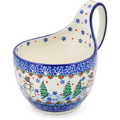 Polish Pottery Bowl with Loop Handle 16 oz Dancing Snowman UNIKAT