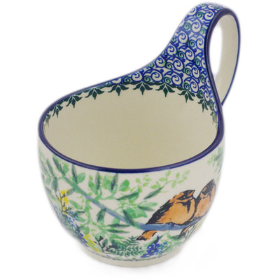Polish Pottery Bowl with Loop-Handle 16 oz Feathered Friends UNIKAT