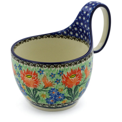 Polish Pottery Bowl with Loop-Handle 16 oz Garden Of Red UNIKAT