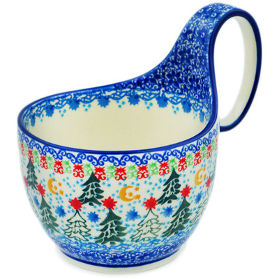 Polish Pottery Bowl with Loop Handle 16 oz Glowing Christmas Trees UNIKAT